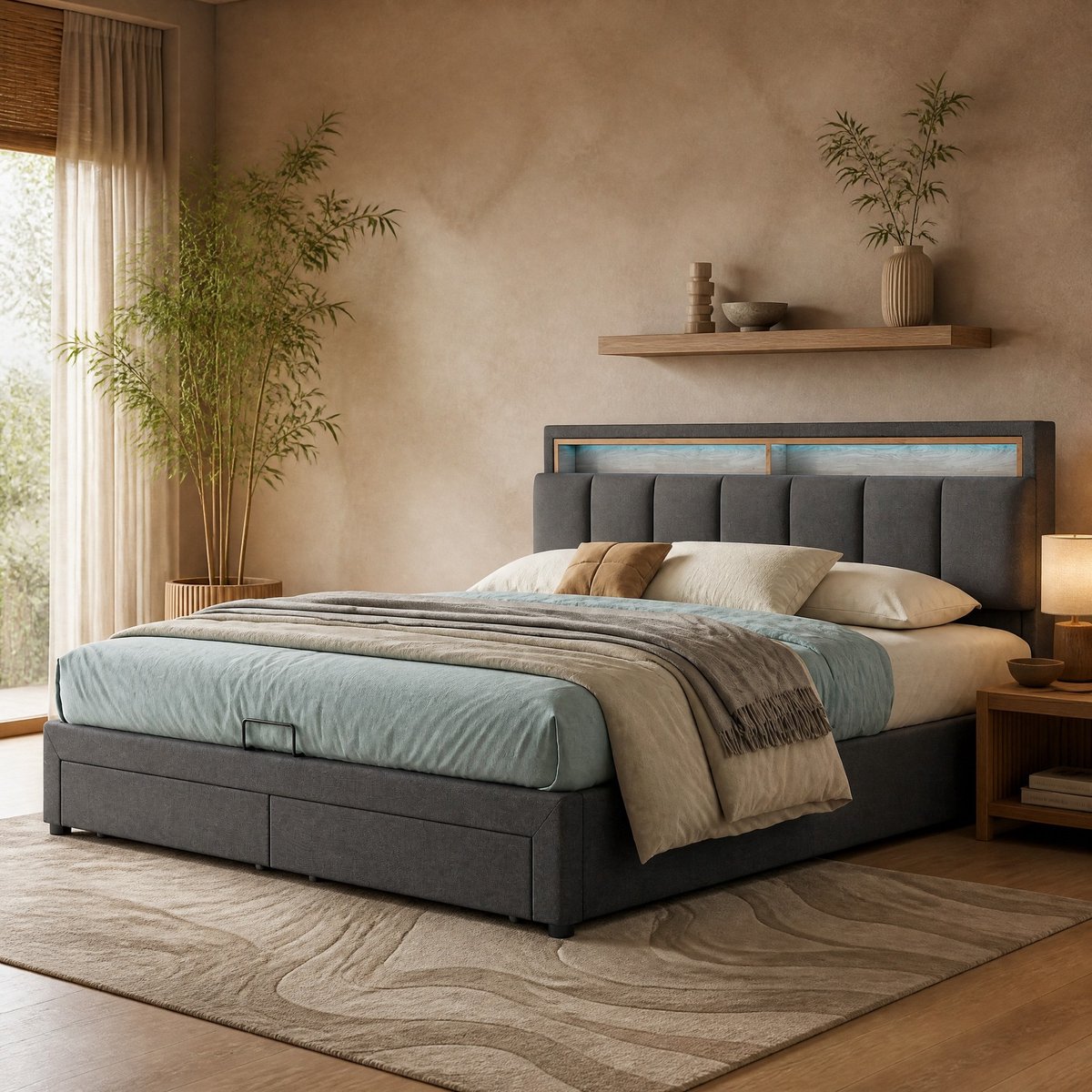 Bed – LED-verlichting en opbergruimte – 180 x 200 cm – Stof en Metaal – Donkergrijs – Met lattenbodem