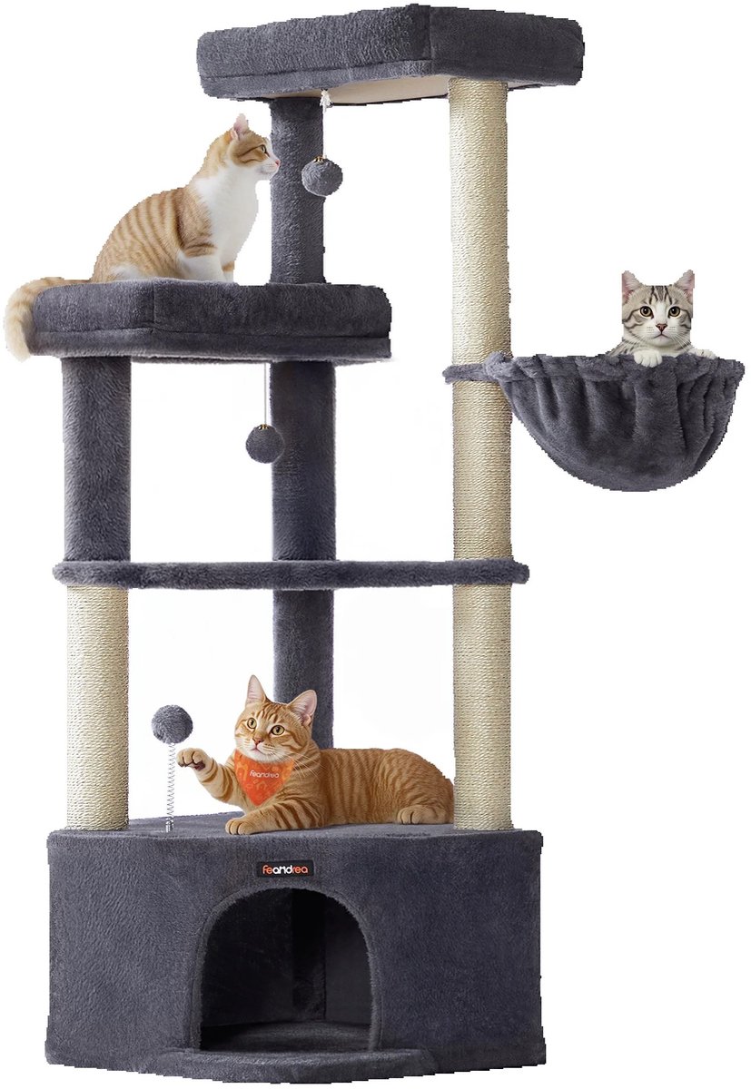 Nyoz krabpaal - Kattenboom - Katten krabpaal - Krabmeubel - 140,7 cm hoog - 4 niveaus - Grote kattenhol - 4 sisaspalen - Grijs