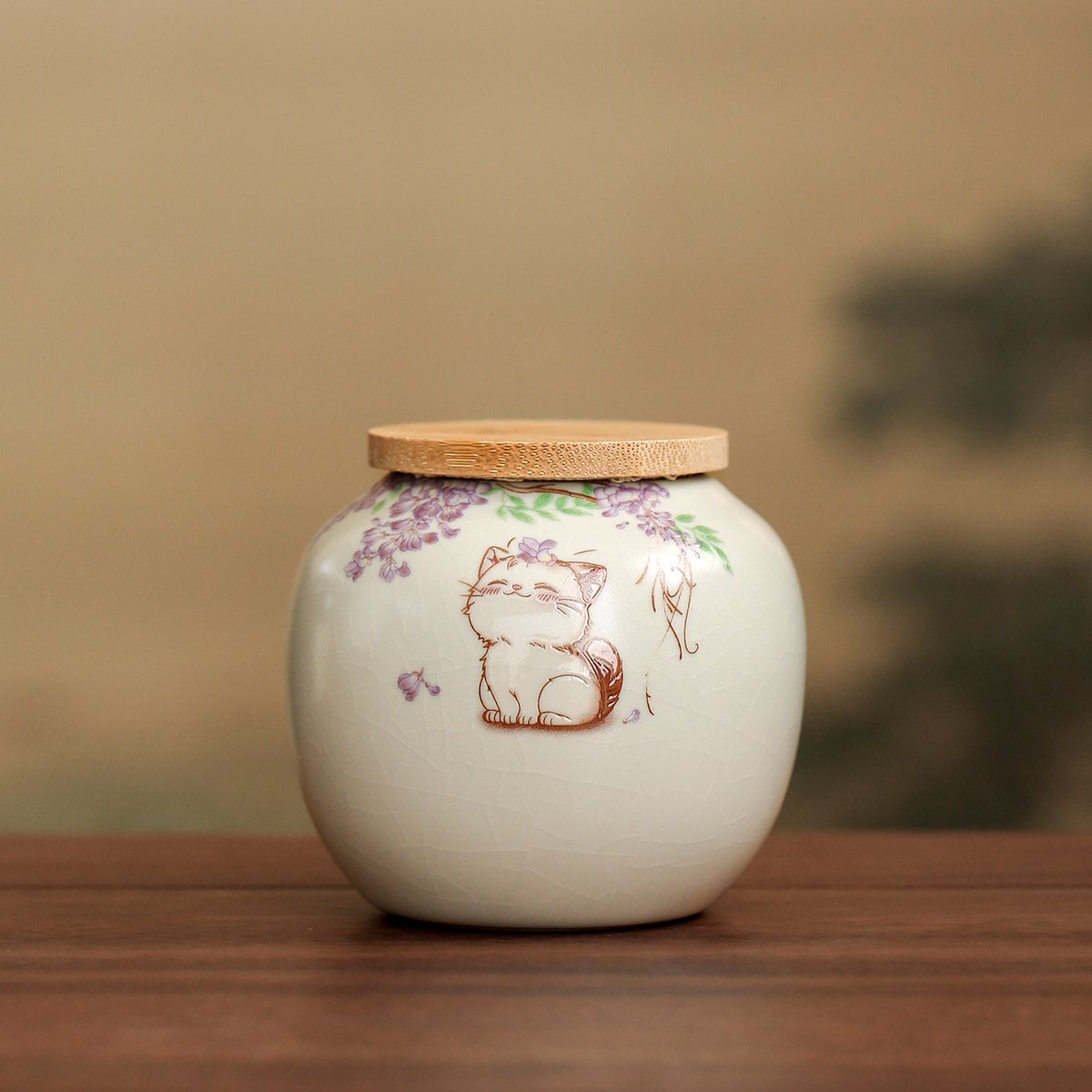 Keramische voorraadpot 190ml met bamboe deksel, kat‑ en wisteriamotief, theeblik of kleine huisdierurn
