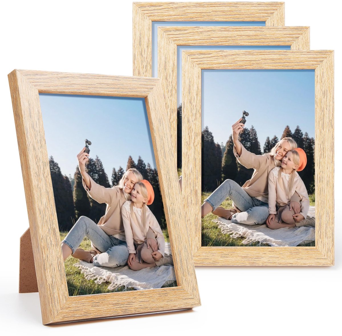 Famanu Kleine fotolijstjes set van 4 stuks, houten fotolijsten voor 10 x 15 cm foto's, MDF-lijst met breukveilig acrylglas en draaibare achterwand Naturel