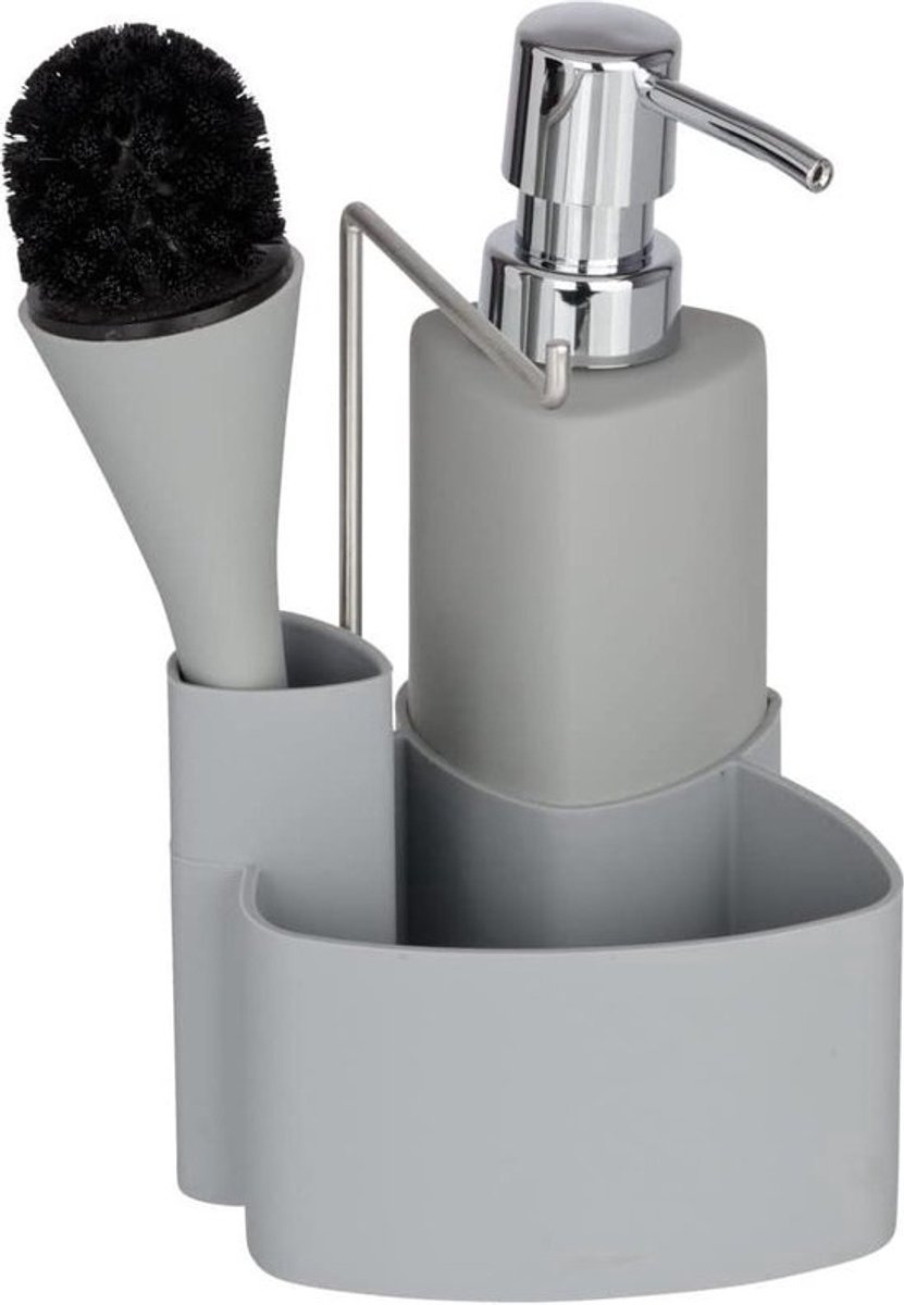 4-in-1 afwasmiddeldispenser-afwasborstel-spoeldoekhouder-hoogwaardige keramiek-grijs Afwasborstel