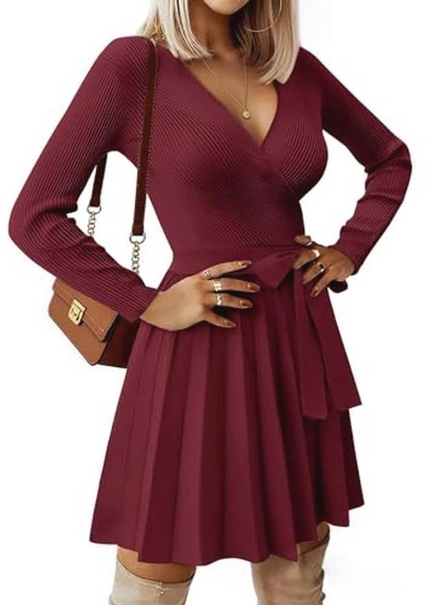 Elegante Trui-Jurk Dames met V-Hals en Lange Mouwen - A-Lijn Gebreid voor Herfst en Winter