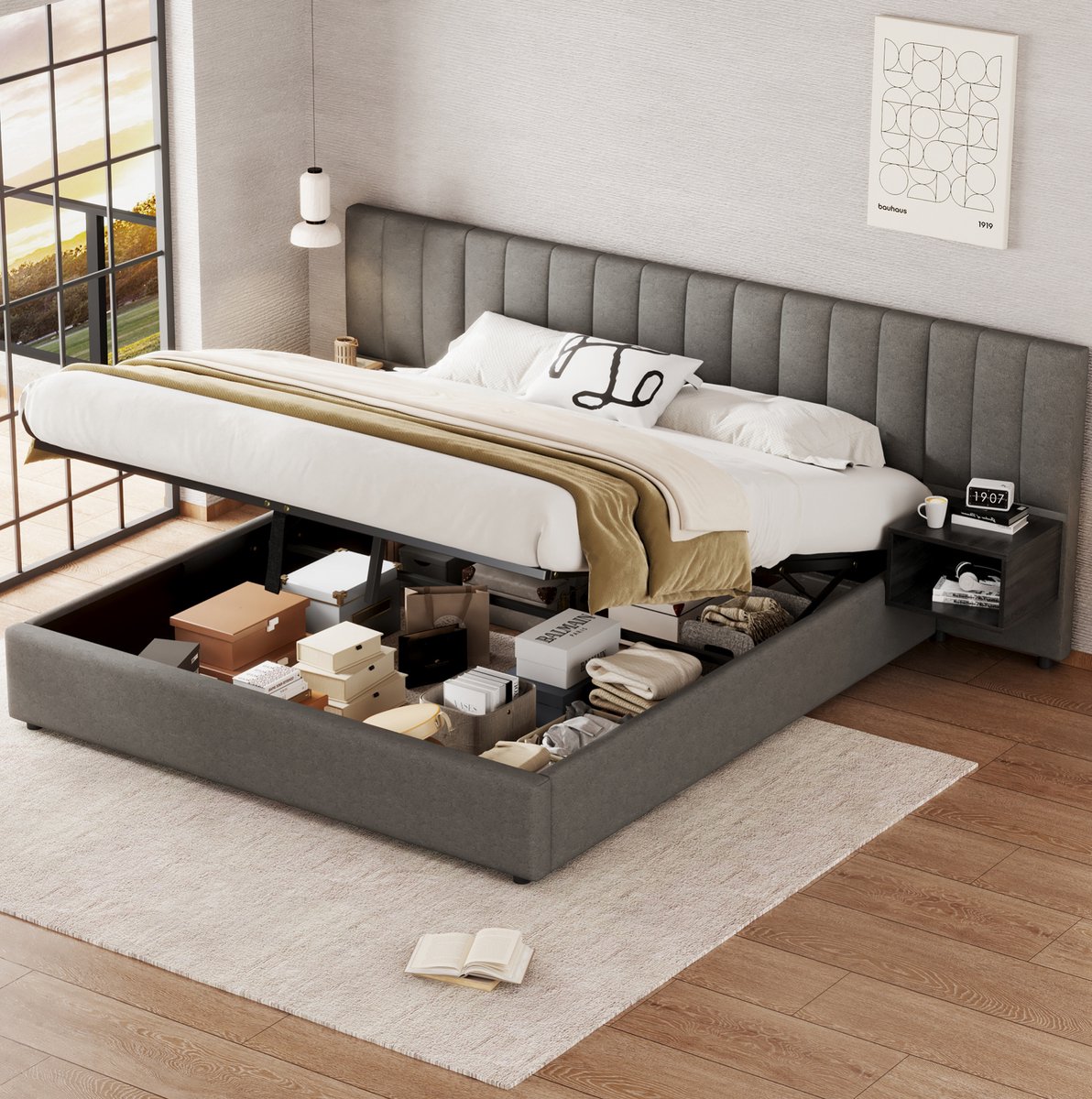 Wishdor Tweepersoonsbed 180 x 200 cm - Hydraulisch opbergbed met 2 nachtkastjes - Inclusief houten lattenbodem - Grijs zwart - Voor volwassenen en jongeren