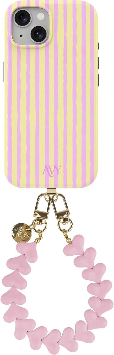 AVY Hoesje Met Telefoonkoord | Geschikt voor Apple iPhone 14 / 13 | Compatibel met MagSafe & Qi2 | Hard Shell Back Cover | Stijlvol Bijpassend Koord Polsbandje (30CM) | Pink Lemonade