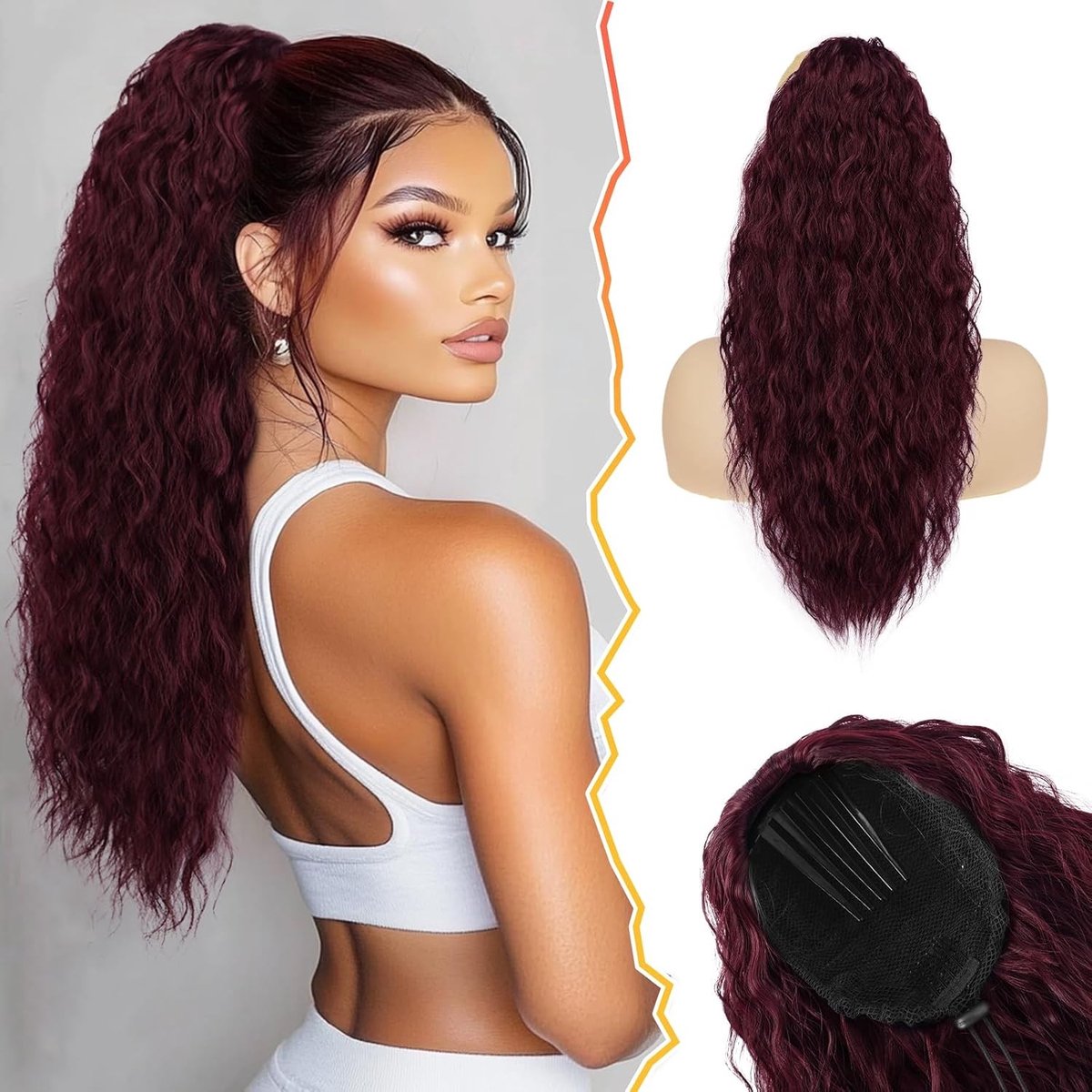 22" Donkerrode Ponytail Extensions met Trekkoord, Krullend en Golvend Haarstuk voor Vrouwen, Synthetische Boheemse Haarverlengingen voor een Volumineuze Look