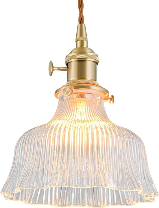 Retro hanglamp met 1 lichtpunt en E27-fitting, messing lamphouder en glazen kap; verstelbare hanglamp voor slaapkamer, restaurant of café; ook geschikt als hanglamp boven een kookeiland. — afbeelding 3