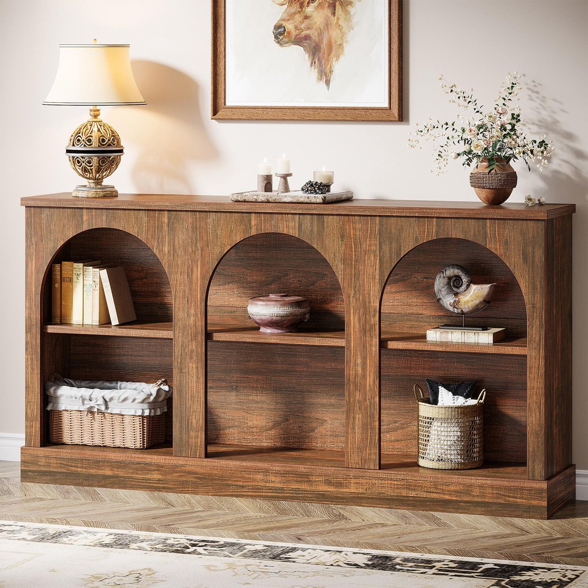 LITTLE TREE Landelijke Consoletafel - 160 x 30 x 80 cm - Hout - 3‑Laags Opbergruimte - Smal Uitvoering - Voor Hal En Woonkamer - Bruin