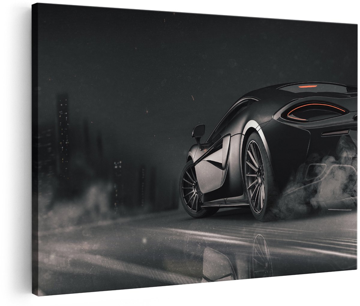 Artaza Canvas Schilderij Zwarte Sportwagen Auto Nabij Een Stad - 150x100 cm - Groot - Wanddecoratie Woonkamer - Schilderijen - Muurdecoratie