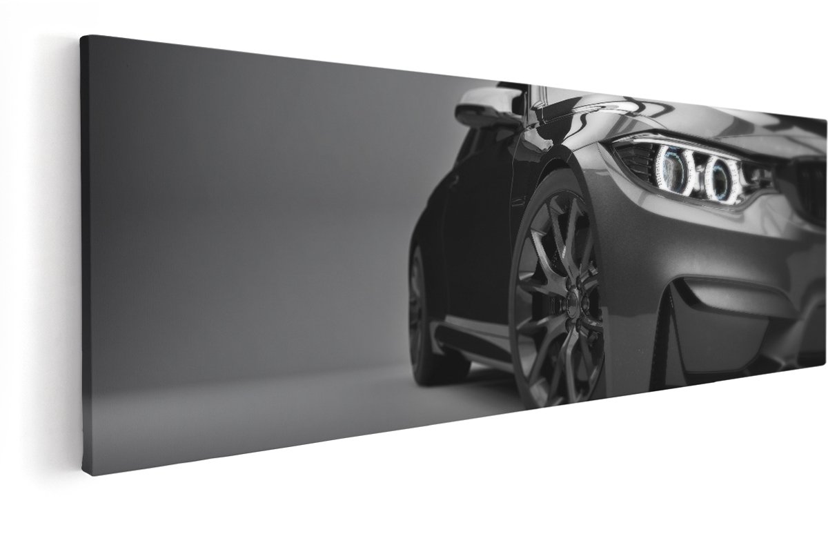 Artaza Canvas Schilderij Grijze Sportwagen Auto - Zwart Wit - 150x50 cm - Groot - Wanddecoratie Woonkamer - Schilderijen - Muurdecoratie
