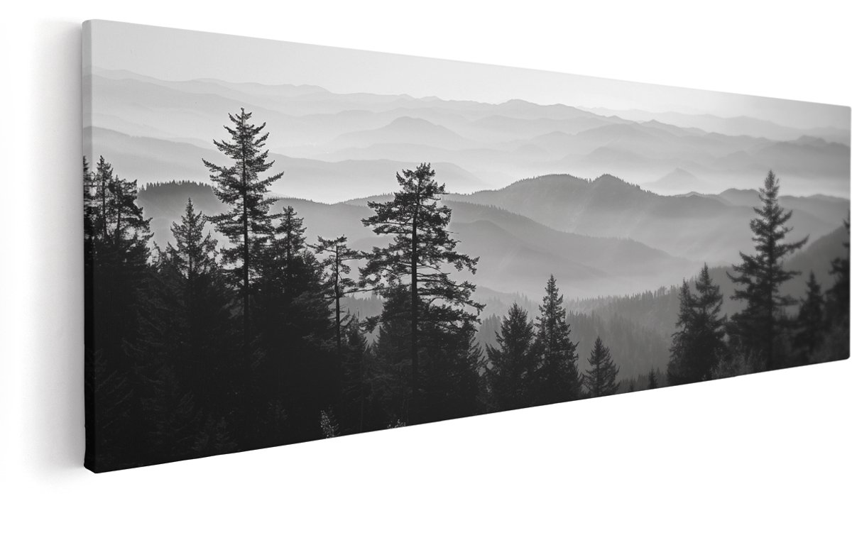 Artaza Canvas Schilderij Zwart Wit Bergketen - 150x50 cm - Groot - Wanddecoratie Woonkamer - Schilderijen - Muurdecoratie