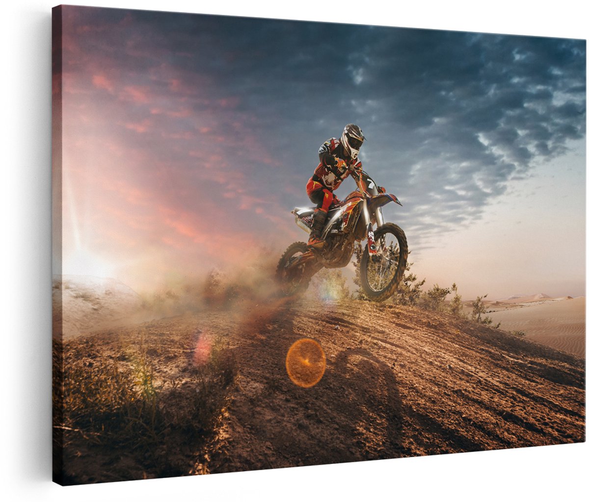 Artaza Canvas Schilderij Motorcross Op Een Heuvel Bij Zonsondergang - 150x100 cm - Groot - Wanddecoratie Woonkamer - Schilderijen - Muurdecoratie