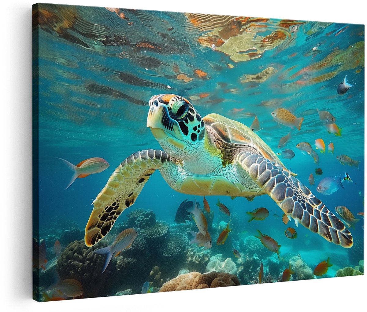 Artaza Canvas Schilderij Zeeschildpad in de Oceaan - Dieren - 150x100 cm - Groot - Wanddecoratie Woonkamer - Schilderijen - Muurdecoratie