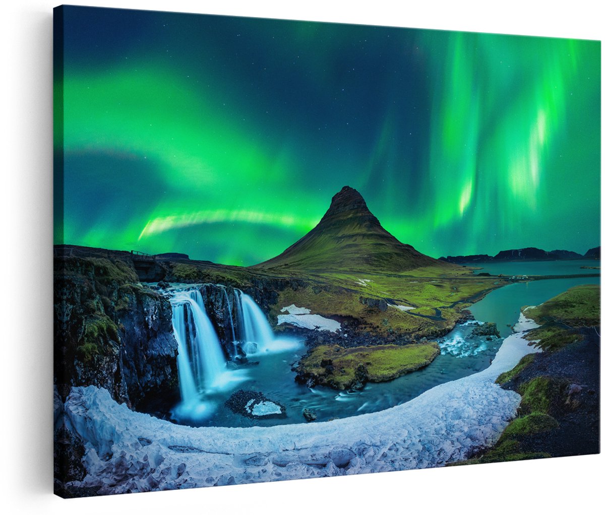 Artaza Canvas Schilderij Noorderlicht bij de Watervallen in IJsland - 150x100 cm - Groot - Wanddecoratie Woonkamer - Schilderijen - Muurdecoratie