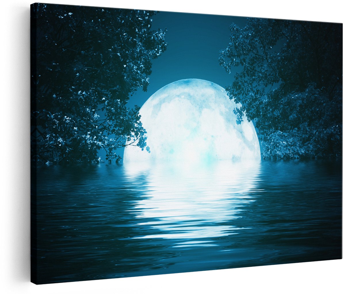 Artaza Canvas Schilderij Volle Maan in het Water - 150x100 cm - Groot - Wanddecoratie Woonkamer - Schilderijen - Muurdecoratie