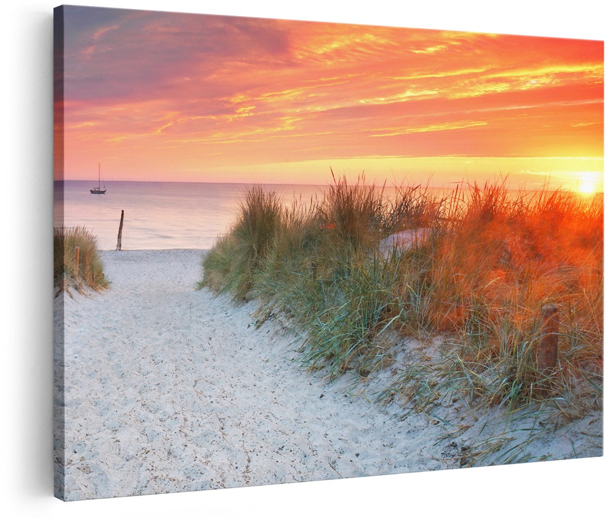 Artaza Canvas Schilderij Strand En Duinen Bij Zonsondergang - 150x100 cm - Groot - Wanddecoratie Woonkamer - Schilderijen - Muurdecoratie