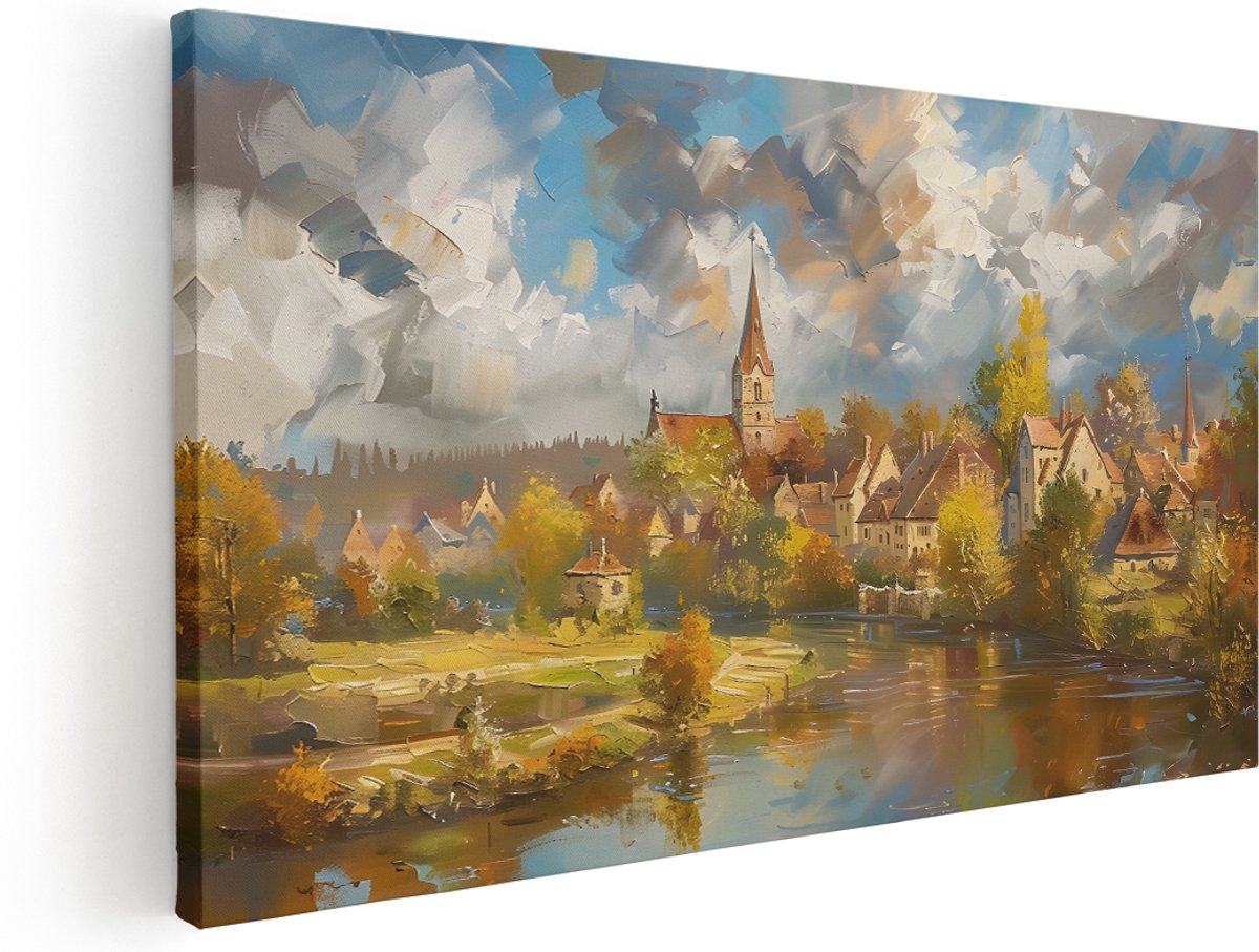 Artaza Canvas Schilderij Herfstlandschap - 140x70 cm - Groot - Wanddecoratie Dorpsgezicht - Muurdecoratie Kerktoren - Schilderijen Op Canvas Natuur