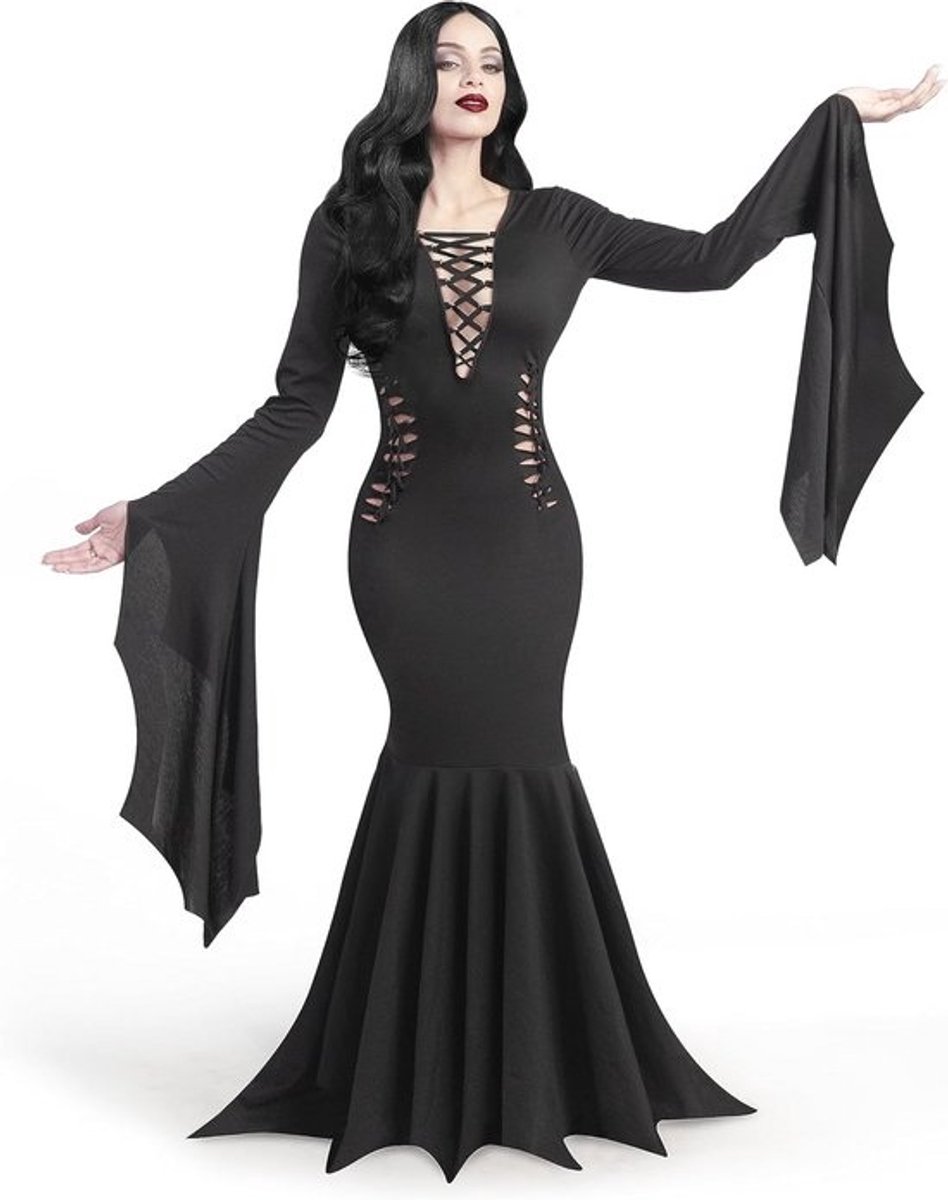 Gotische vintage jurk voor dames, vloerlange heksenjurk voor Halloween, zwart