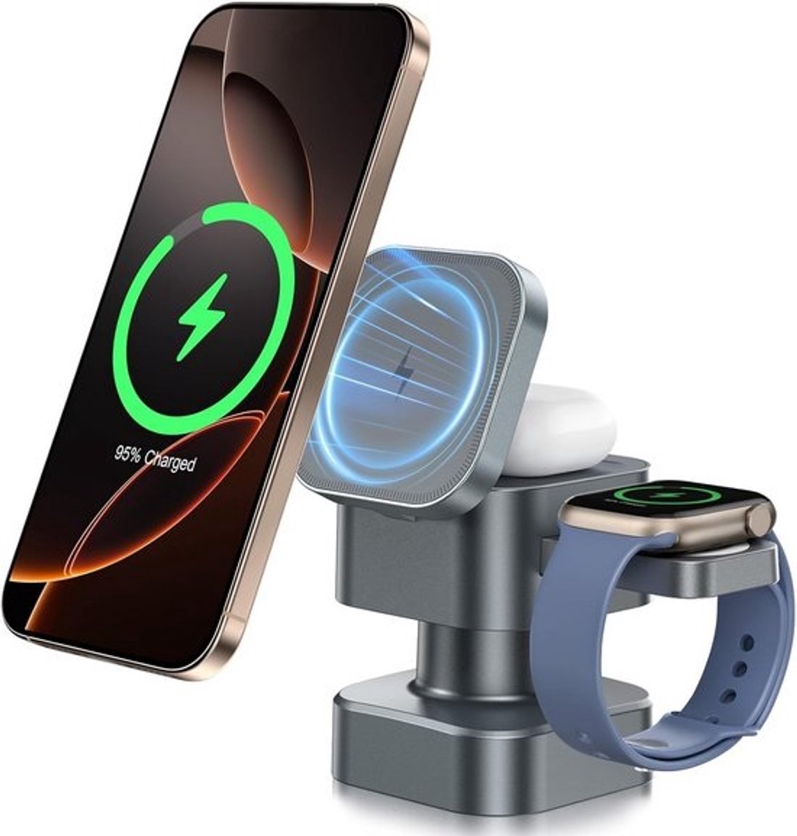 Draadloos 3-in-1 Oplaadstation voor Smartphone Horloge en Oortelefoon