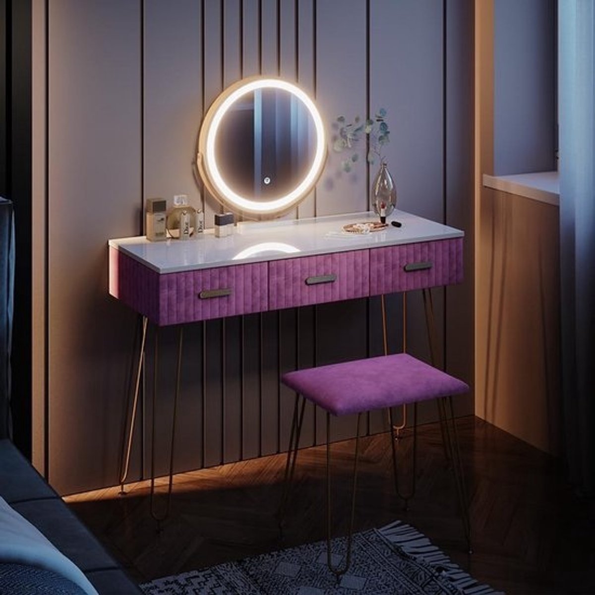 Make-up Tafel met Kruk en LED Spiegel 100 cm Roze/Wit