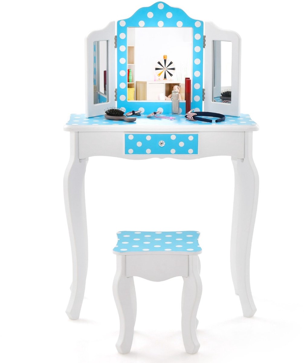 SureDeal® - Kinderkaptafel - Make Uptafel - Kinderen Kaptafel Bureau - Drievoudig Inklapbare Spiegel - Afneembare Plaat - 60x27,5x97,5 cm - Blauw
