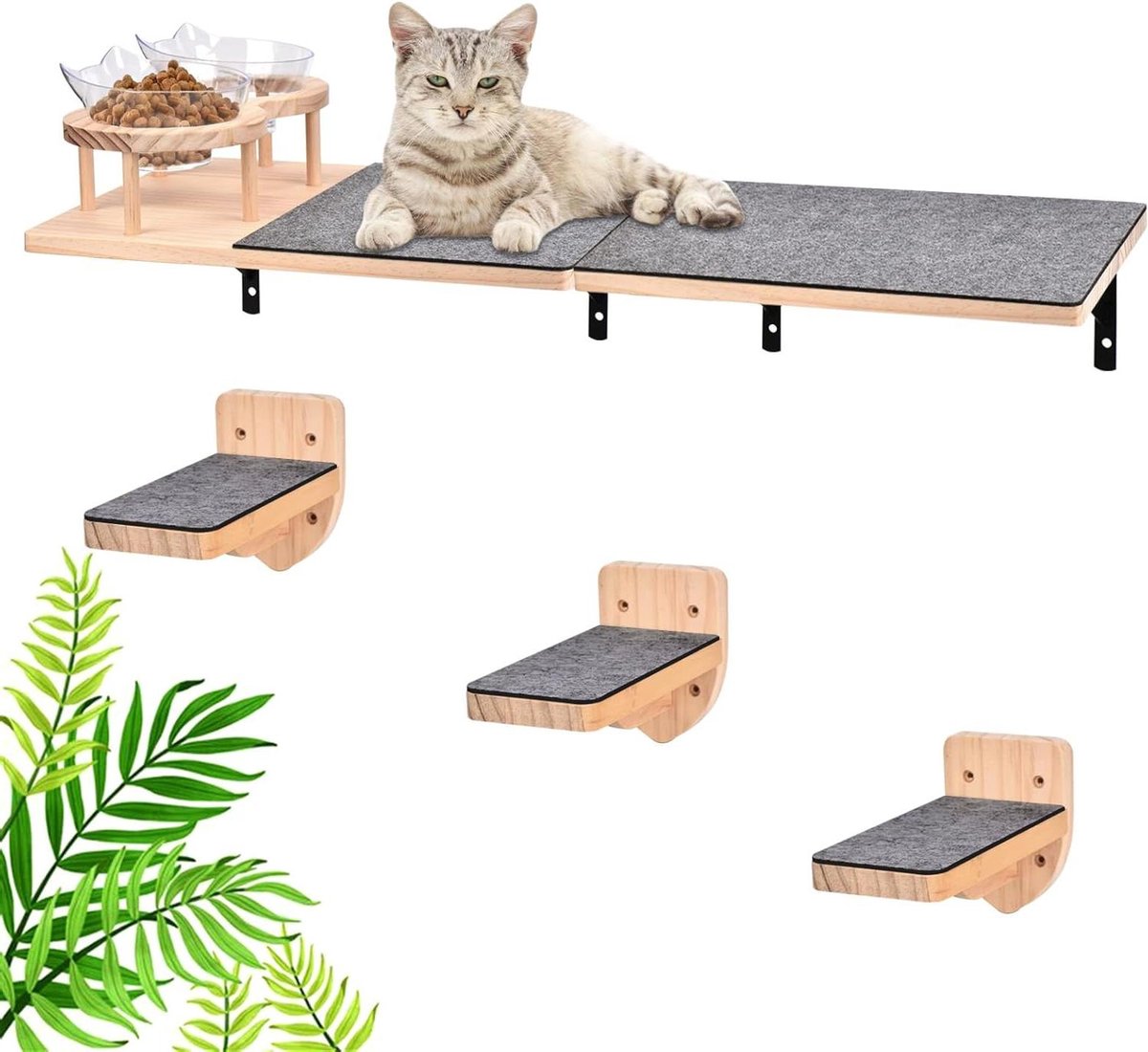 Katten hangmat - Klimmeubel - Klimmen en rusten - Inclusief voerbakken - 84 x 32 cm - Houtkleur