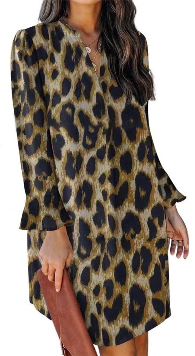 Dames Jurk met Lange Mouwen en V-hals in Luipaardprint of Effen Kleur