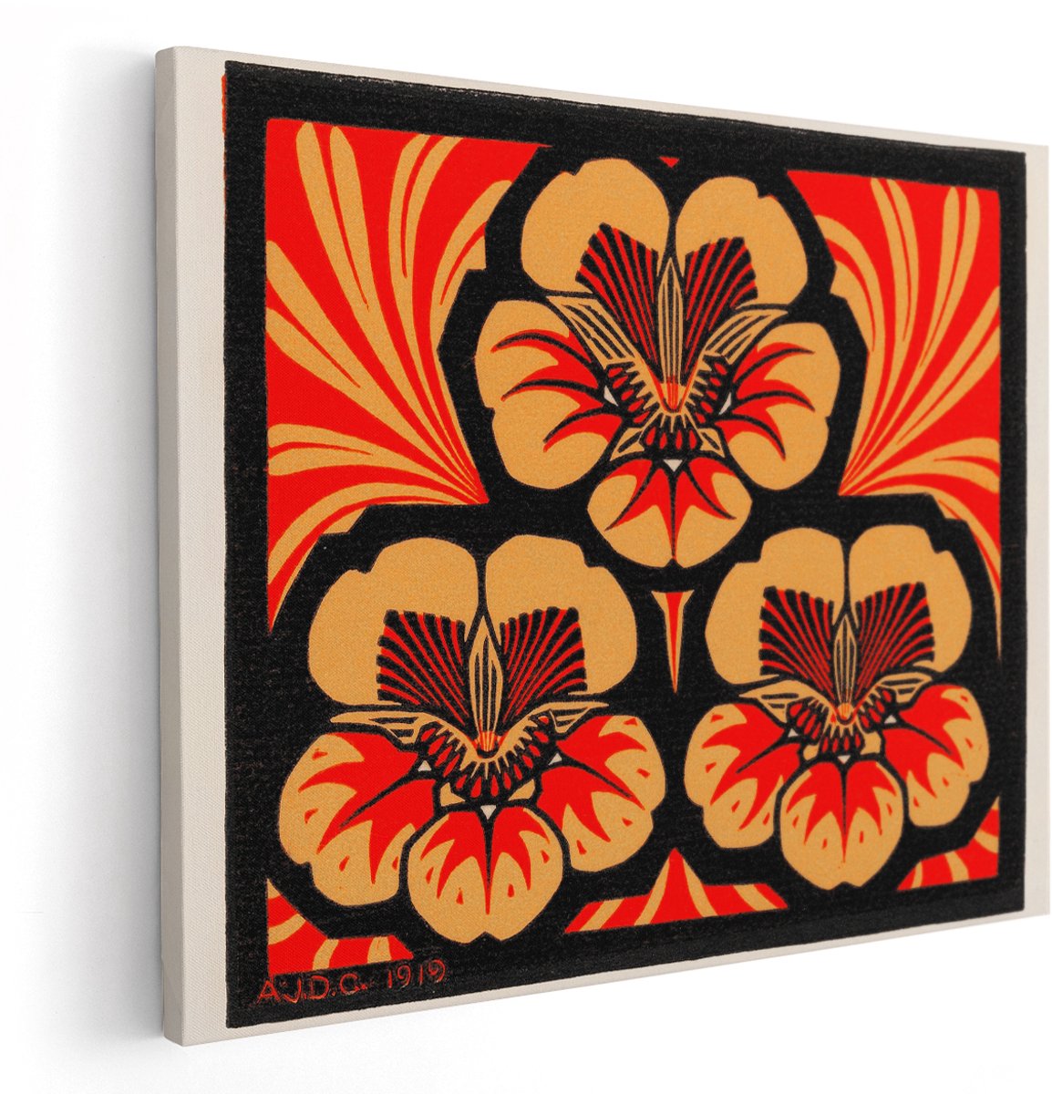 Artaza Canvas Schilderij Bloemen - 150x120 cm - Groot - Wanddecoratie Art Nouveau - Muurdecoratie Vintage Viooltjes - Decoratie Rood Oranje