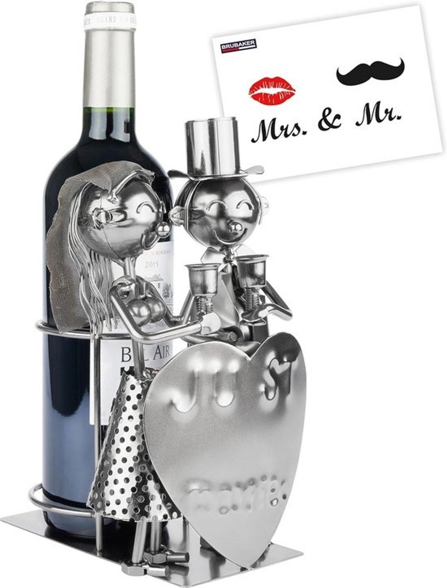 Wijnfleshouder Bruidspaar "Just Married" Cadeau voor Bruiloft - Metalen Decoratie