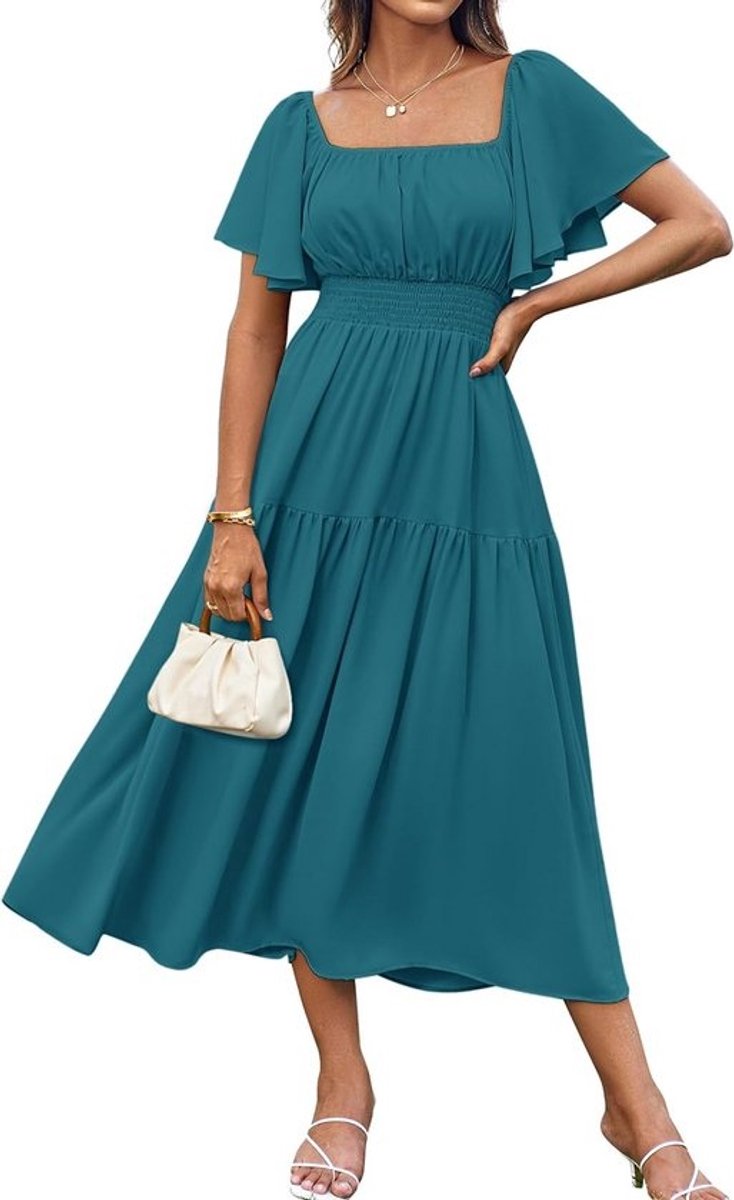 Chique Lange Zomerjurk Dames met Pofmouwen en Vierkante Hals - Elegante A-lijn Jurk