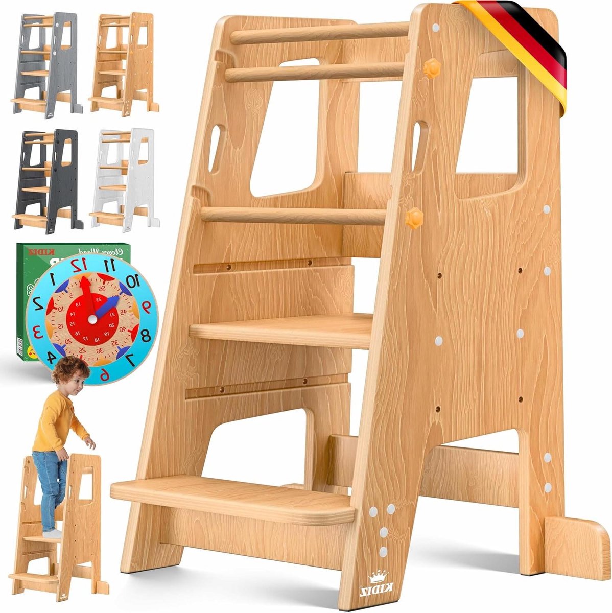 Leertoren Kinderen - Houten Opstapje - Zelfstandig Ontdekken - Inclusief Leerklok - 40 x 44 x 90 cm - Houtkleur