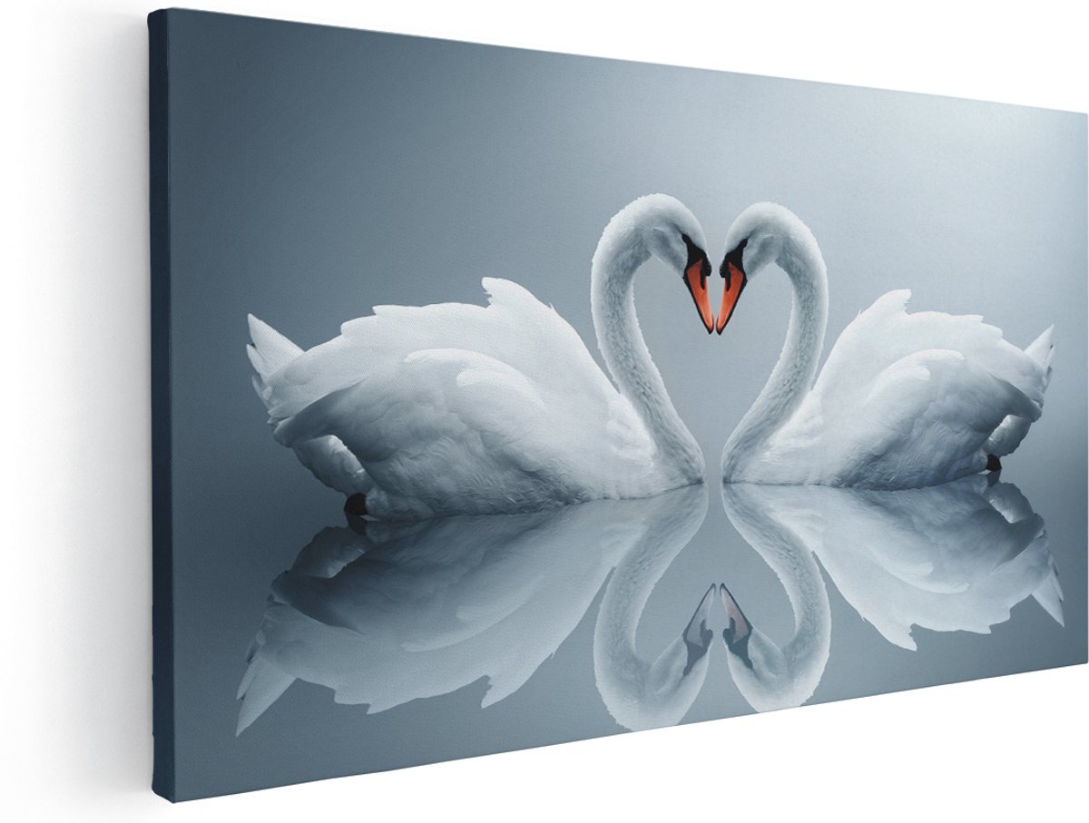 Artaza Canvas Schilderij Twee Zwanen in een Hart Vorm - 160x80 cm - Groot - Wanddecoratie Woonkamer - Schilderijen - Muurdecoratie
