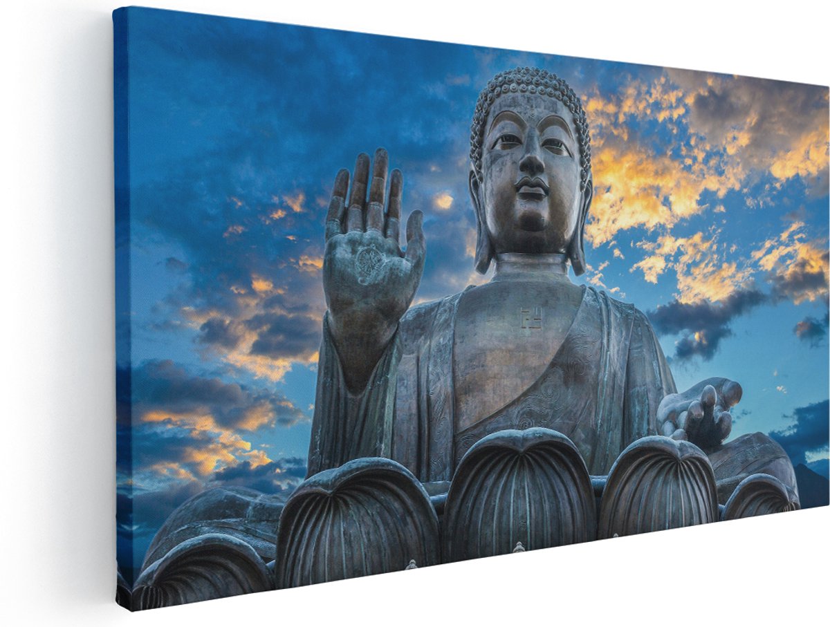Artaza Canvas Schilderij Boeddha Beeld Bij Een Tempel - 160x80 cm - Groot - Wanddecoratie Woonkamer - Schilderijen - Muurdecoratie