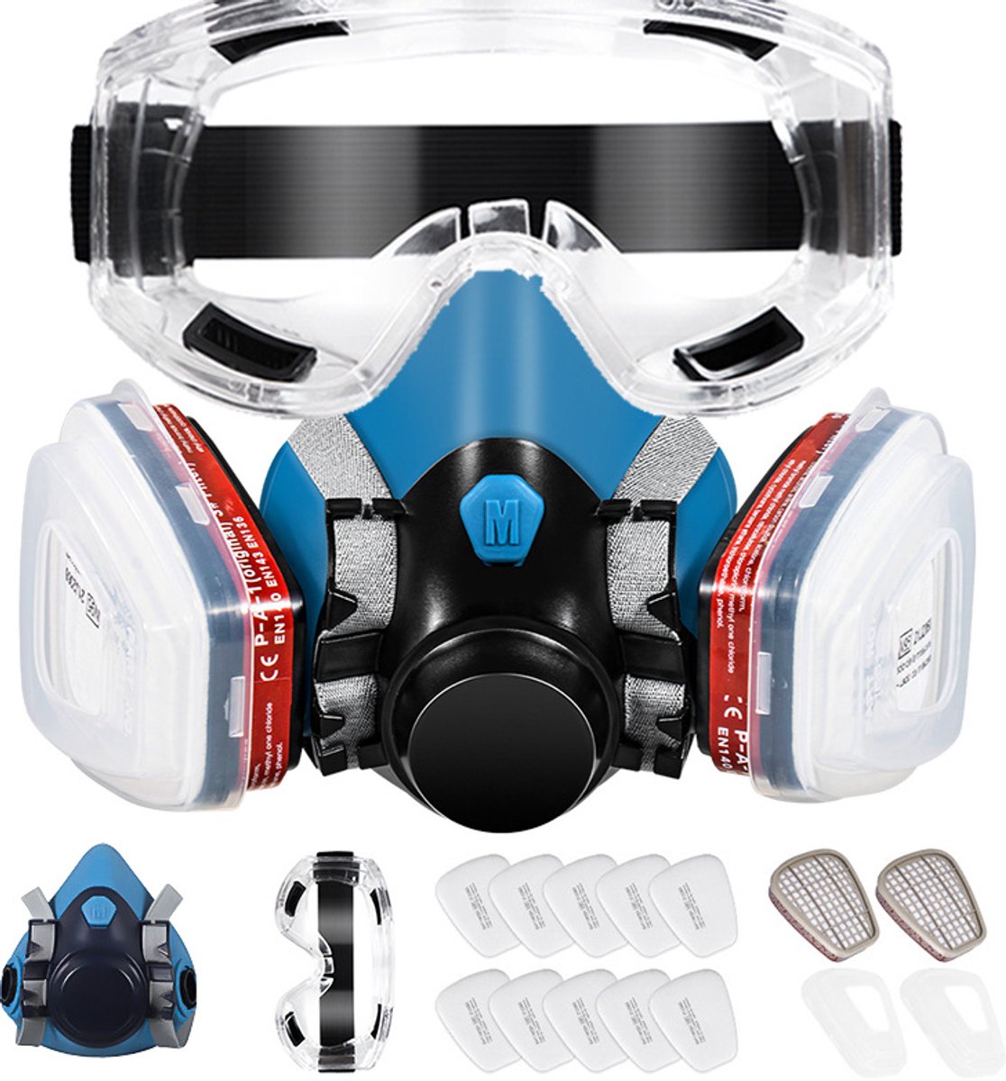 Casalora Adembeschermingsmasker, herbruikbaar, gasmasker met veiligheidsbril en filter, stofmaskers, adembeschermingsmasker, fijnstof, 10 filterbaar voor lakken, werken, slijpen, fijnste
