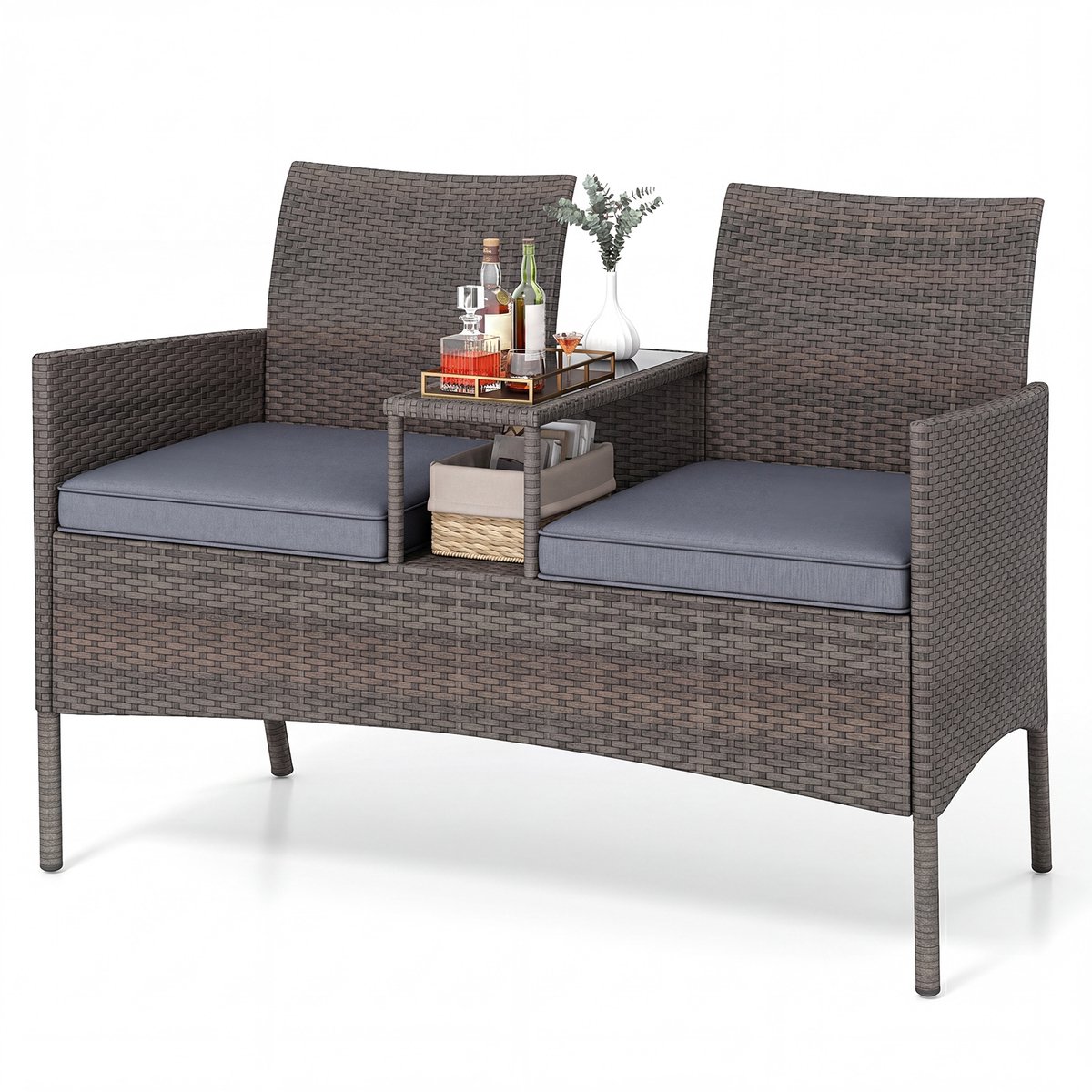 SureDeal® - Tuinset - Tuinbank - Tafel 2-zits Polyrotan - 62x124x84 cm - Grijs