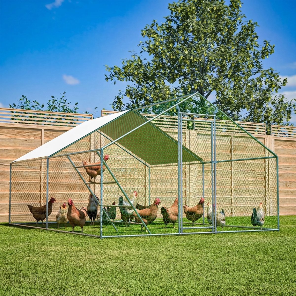 Kippenren 3 x 4 m - Metalen Buitenren met Waterdicht UV-Dak, Veiligheidsslot en Zitladder - Voor Kippen en Eenden