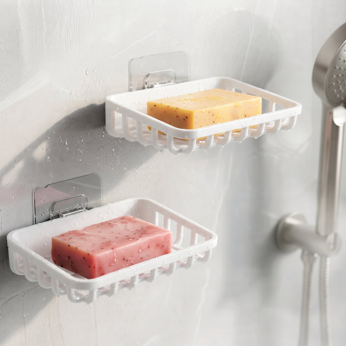 INDECOR 2-delige Zelfklevende Zeephouder – Zeepbakje Zonder Boren – Wand Zeeprek voor Badkamer & Keuken – Sponshouder – ABS Kunststof – Wit