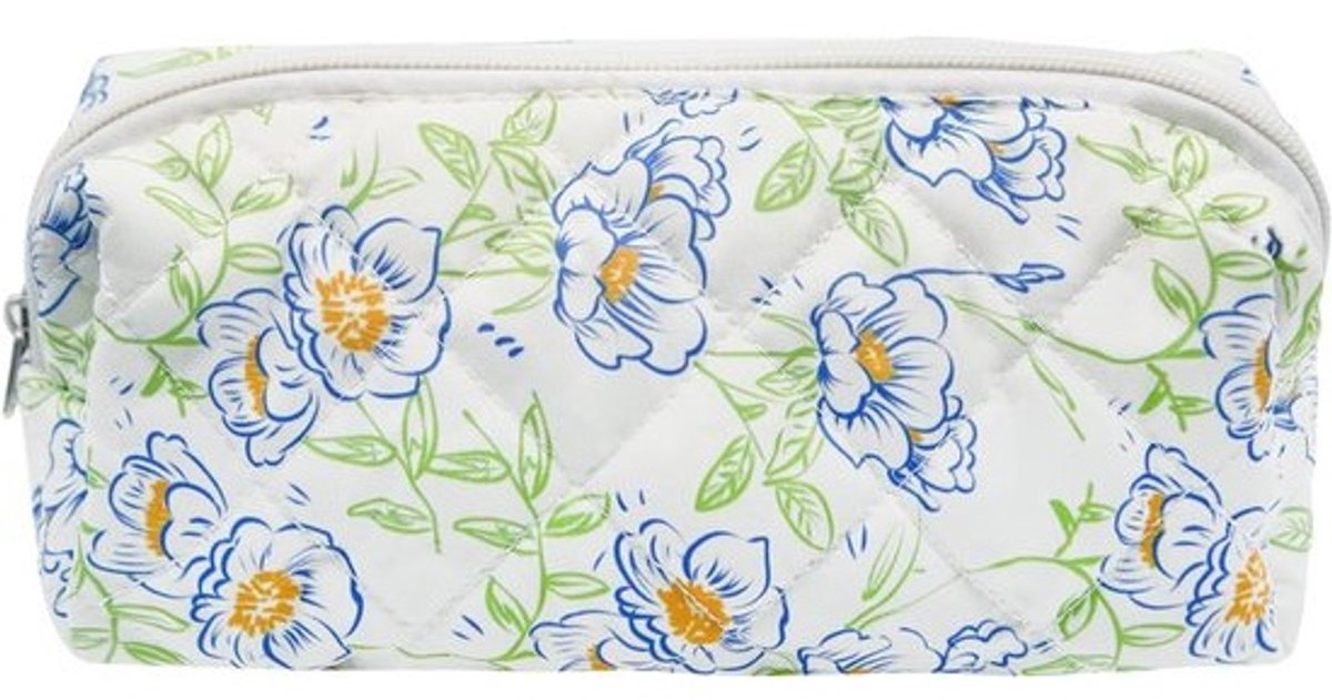 Bloemenpatroon etui voor meisjes en dames - Katoenen ritssluiting make-uptas voor school en reizen - Blauw-groene bloem, 19x8x6 cm