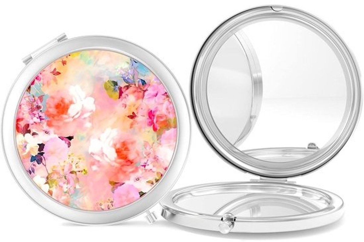 Compacte Spiegel - Make-up Spiegel - Voor op zak - Dubbele Vergroting - 275 inch - Aquarel Bloemen