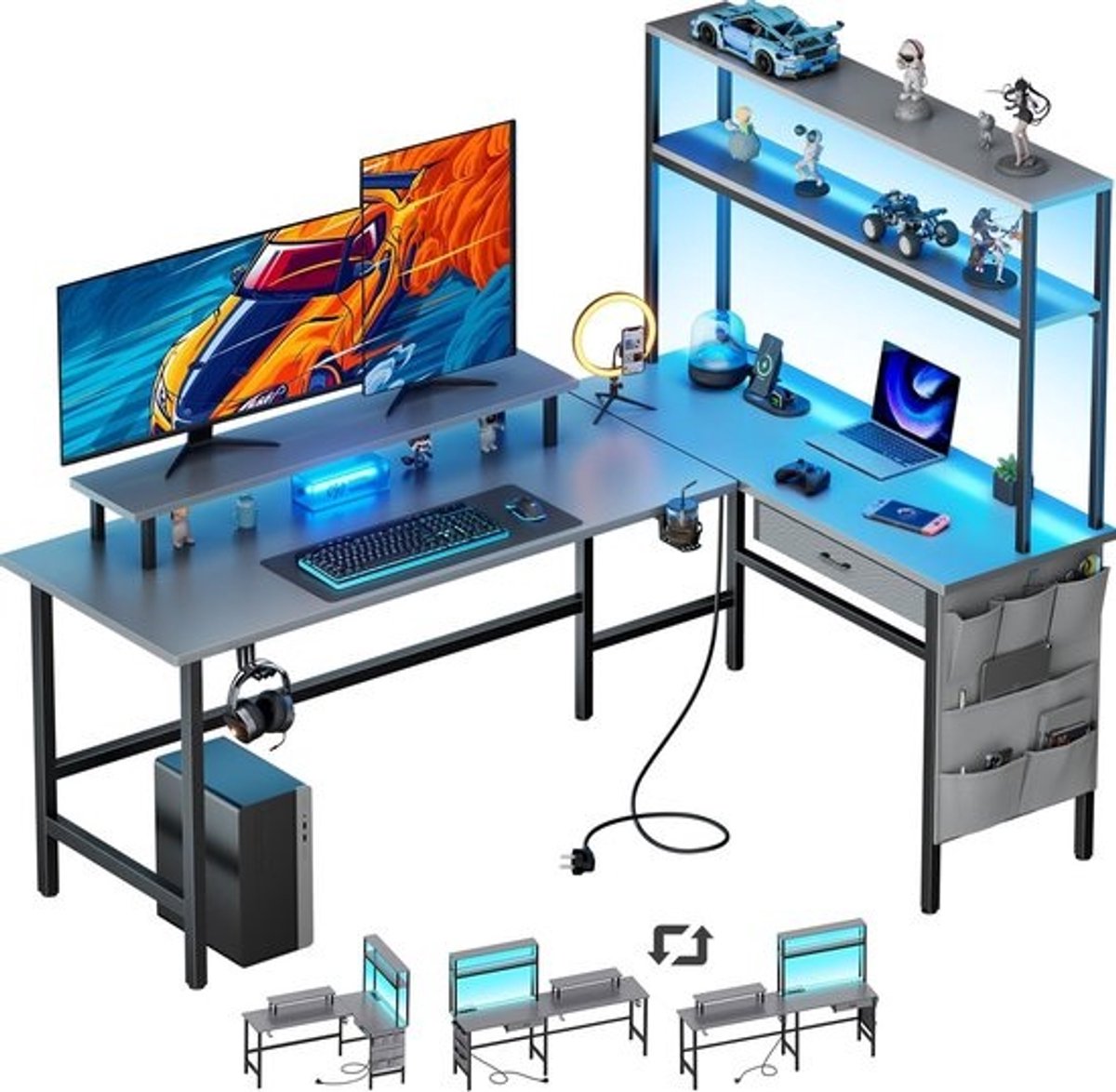 Grote RGB LED Gaming Hoekbureau 170x100cm met Opbergplank en Geïntegreerde Stroomvoorziening