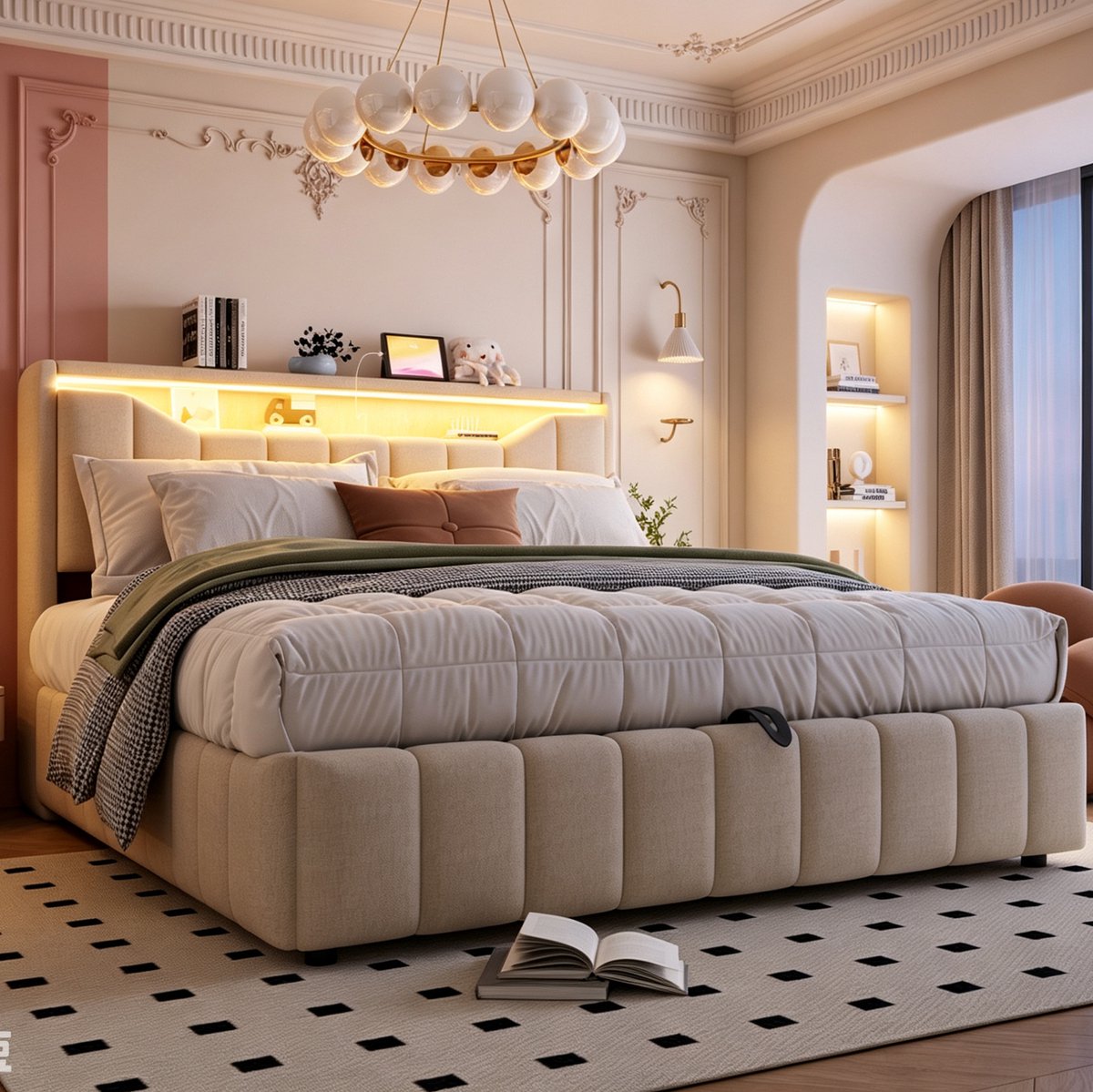 MIVRAY Bed 180x200 Cm - Hydraulische Opbergruimte Met LED-Verlichting En USB USB-C - Voor Slaapkamer - Stoffen Bekleding Beige