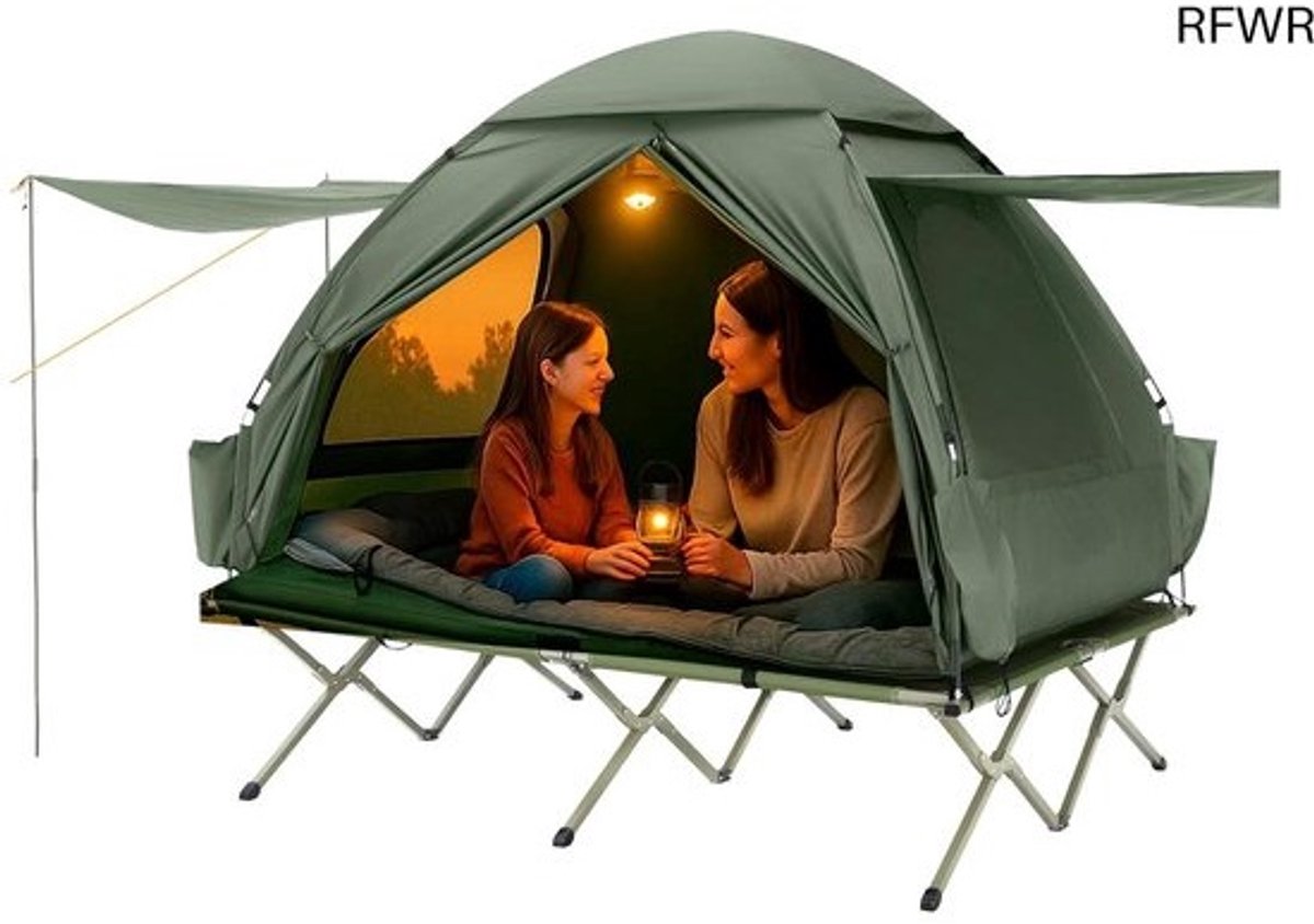 RFWR® Veldbed met Tent voor 2 Personen - 4-in-1 Campingoplossing, Waterdichte Familietent met Roltas en Netvensters