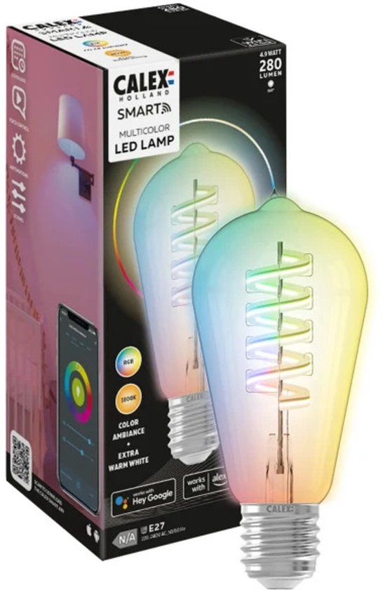 Calex slimme ledlamp met rgb-kleuren en warm wit licht, in een verpakking.
