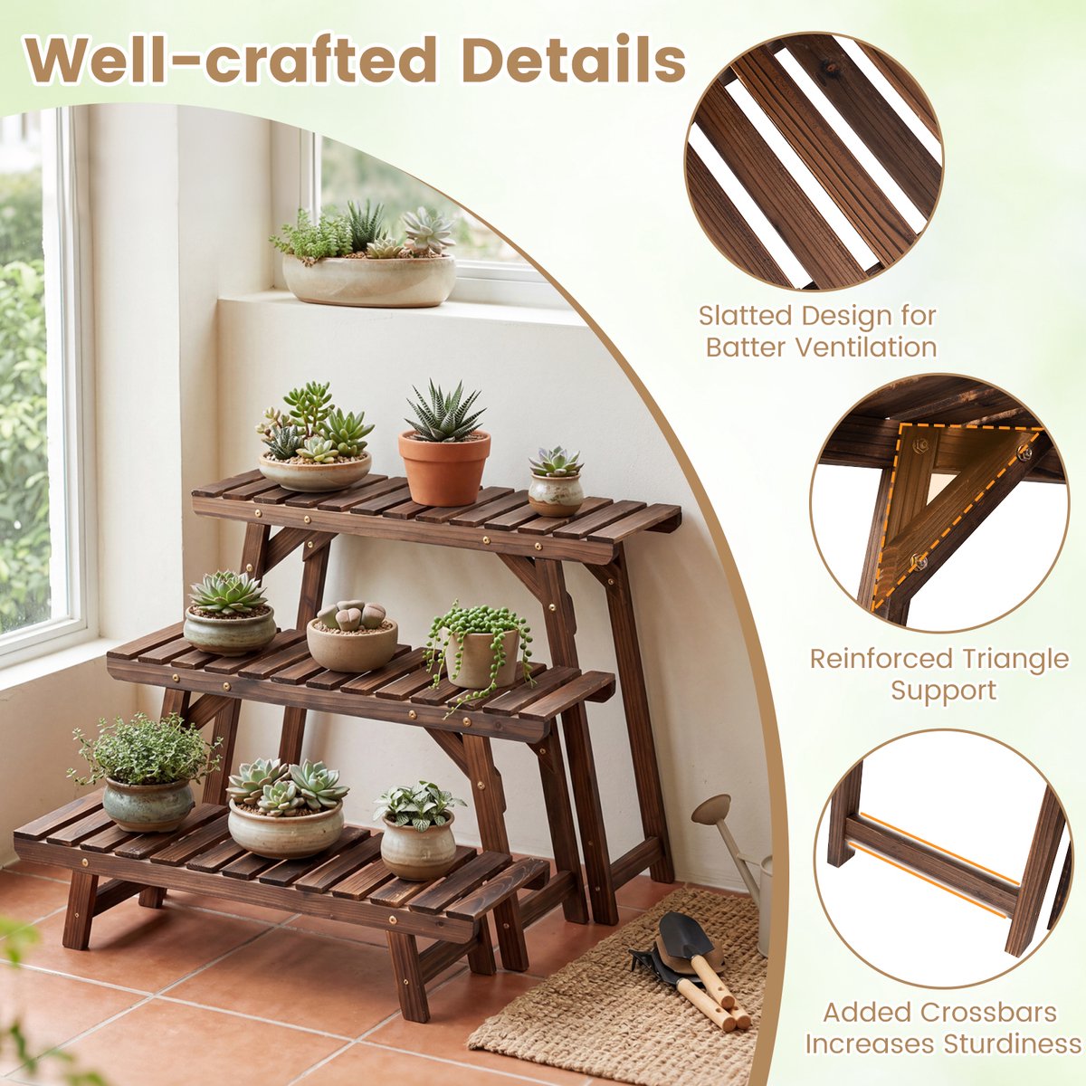 SureDeal® - Tuinier - Bloemenstandaard 3-delige Plantenstandaard - Niveaus Plantenrek Gekarboniseerd - 70x25x15 cm - Bruin