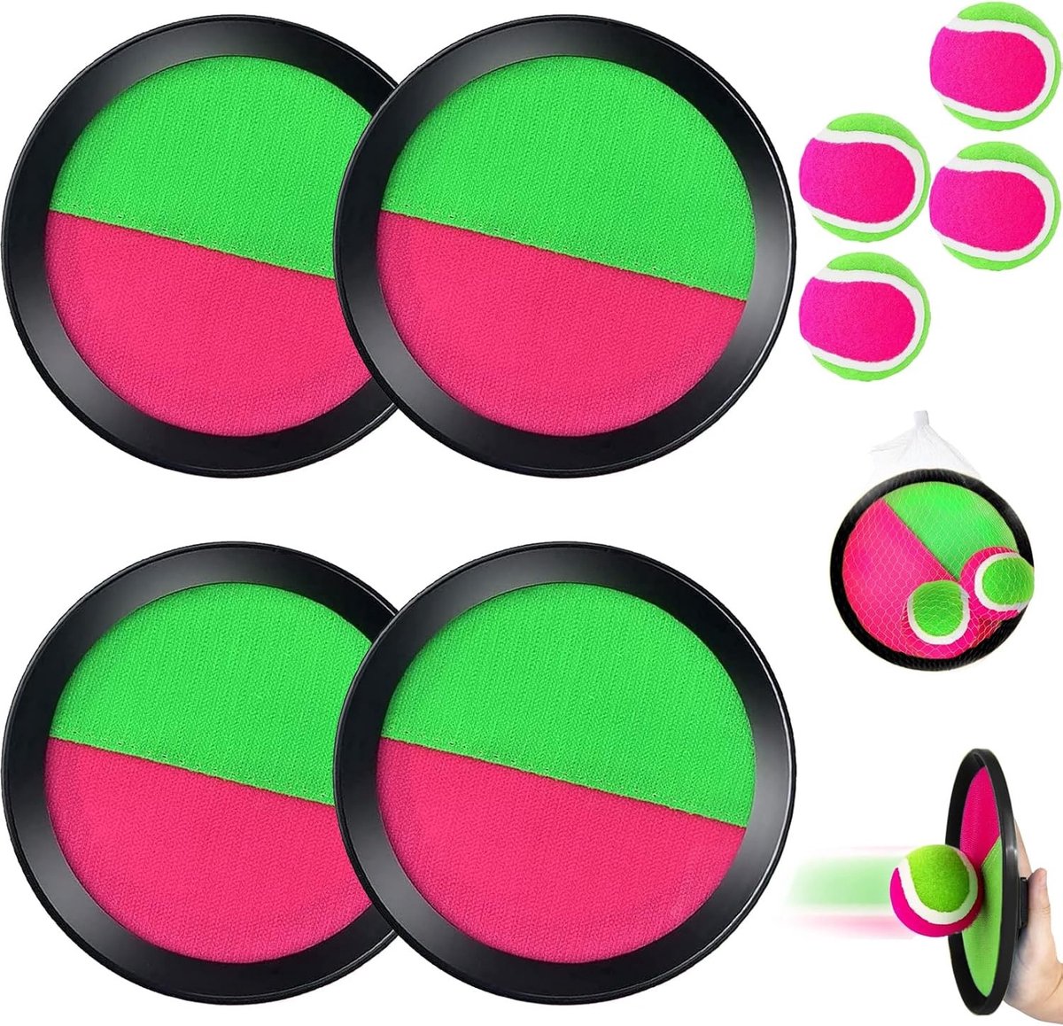 Set van 4 Strand Rackets met 4 Ballen voor Kinderen, Buiten Spellen en Speelgoed voor Verjaardag, Pasen en Kerst, Geschikt voor Kinderen van 2 tot 10 Jaar