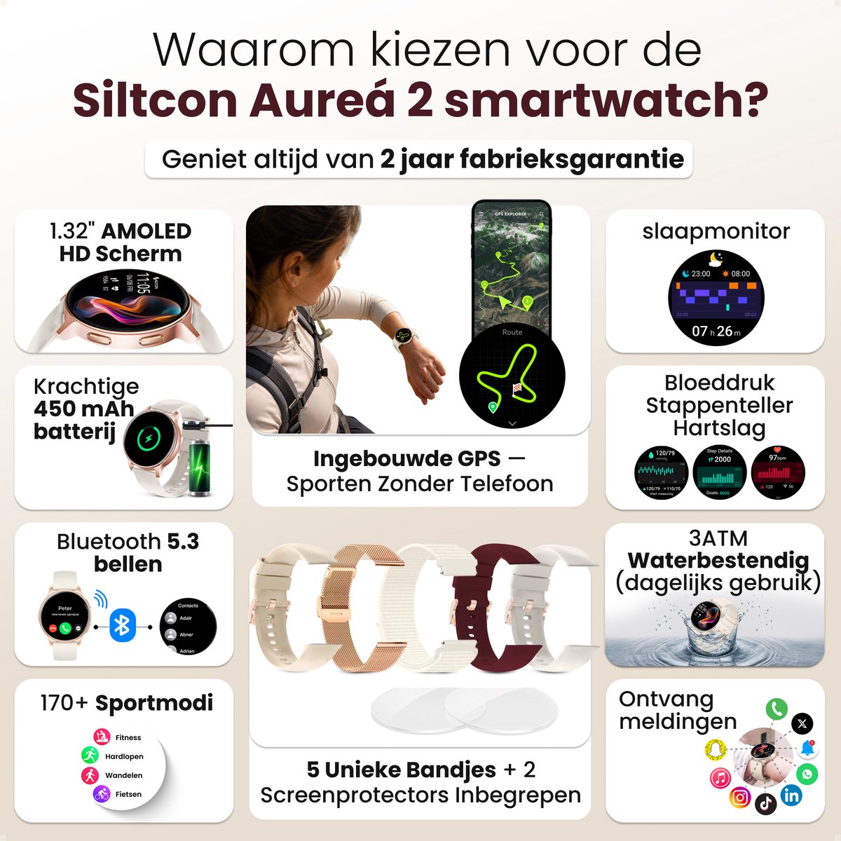 Inwealth Auréa 2 GPS Smartwatch Dames Goud met Hartslagmeter - afbeelding 2