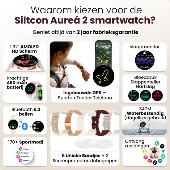 Gouden smartwatch met functies zoals GPS, hartslagmeter en slaapmonitor, met vijf verwisselbare bandjes.