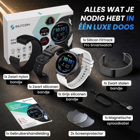 Inhoud luxe doos Siltcon FitTrack Pro: smartwatch, 4 bandjes (zwart nylon, zwart siliconen, grijs siliconen, staal), oplaadkabel, 2 screenprotectors.