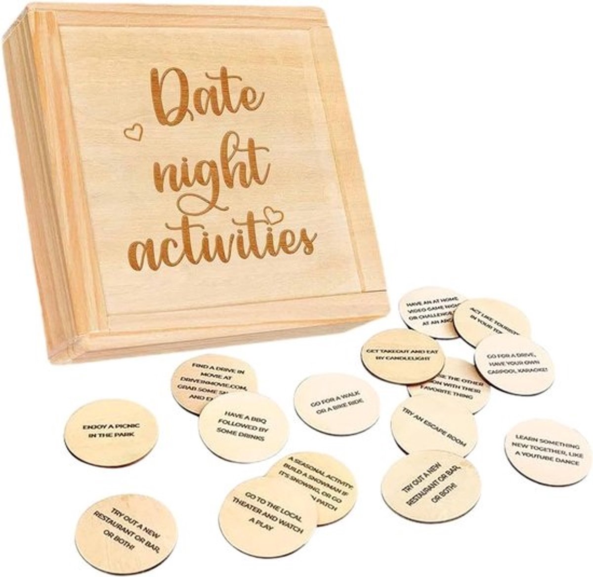 Date-night Spel - Koppelspel Relatiespel - Romantische Avonden - 52 Unieke Activiteiten - 11 x 11 x 3 cm - Houtkleur