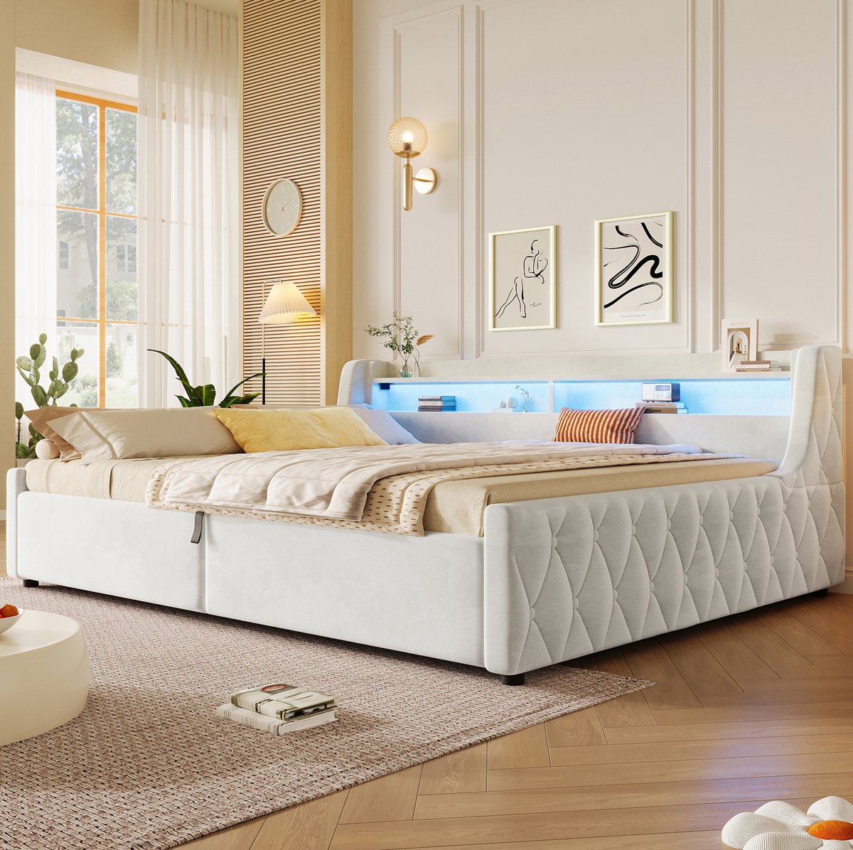 MODENUIT Bed 140 x 200 cm - Met Opbergruimte En Ledverlichting - Voor Slaapkamer - Stof - Off White