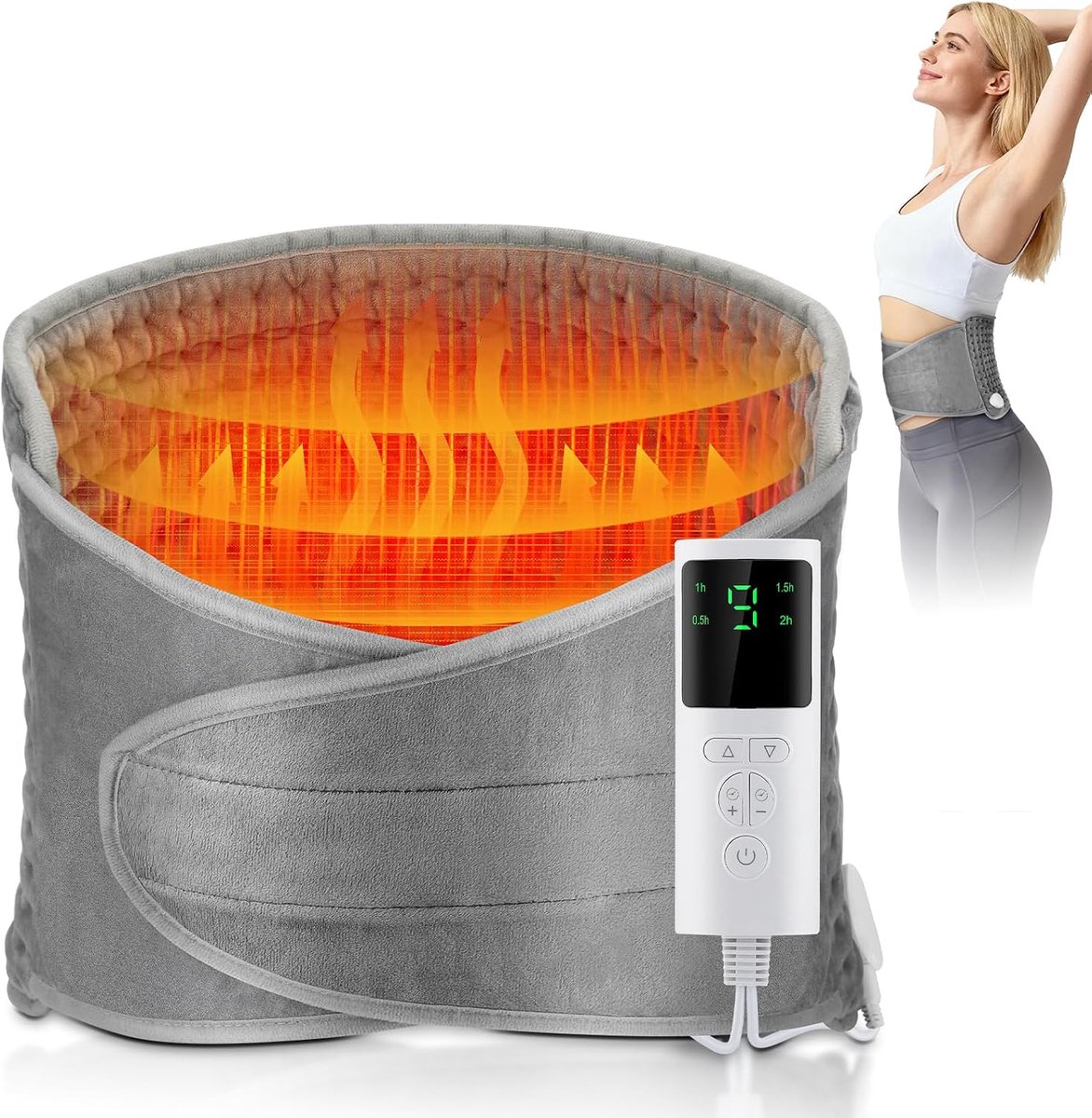 elektrische verwarmingsriem‑9 warmtestanden 4 timerstanden‑ultrazachte micropluche‑zilvergrijs‑verwarmingskussen voor middel buik schouders en rug